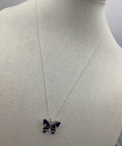 Sterling Silver Vintage Butterfly Navy blue Opal Pendant Matinee New ItalyChain