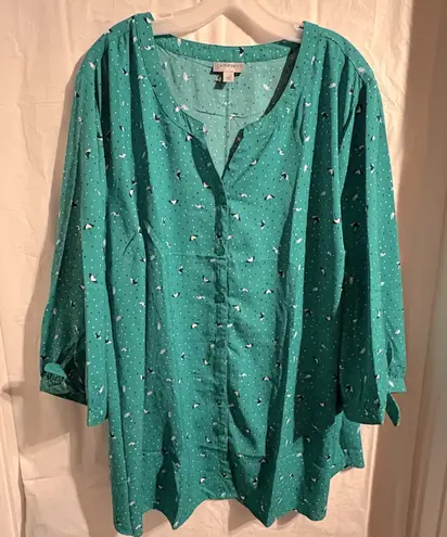 Catherines Womens Artsy Rain Umbrella Popover Top Size 3X Green Slit Sleeve