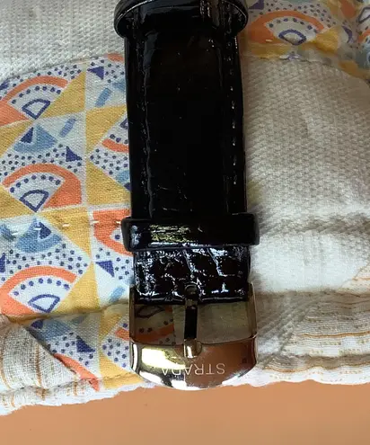 Strada Black Patent Leather Rose Gold Black Gemstones Water Resistant Watch