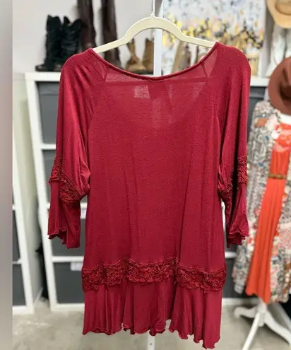 Forgotten Grace Split Seam Peplum Babydoll Red Lace Trim Top