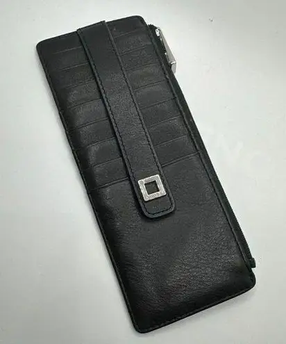 Lodis Black leather Wallet Card holder Pouch Zip close Slip pockets Silver Snap