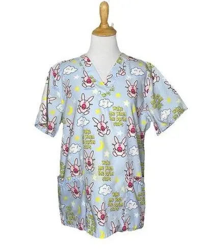 It’s Happy Bunny Jim Benton Scrub Top Women’s Size M Light Blue Pink White Size M