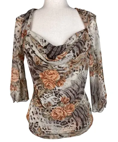 Vintage 90s Y2K Nicola Blouse Size Medium Mixed Animal Print Floral Mesh Stretch Tan
