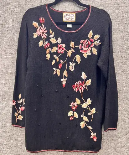Vintage Embroidered Sweater S 3D Roses Feminine Romantic Beaded Oversized Black