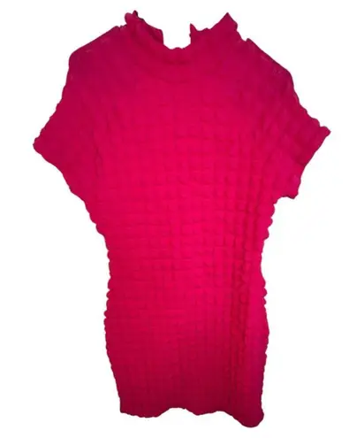 Planet Gold Hot Pink Short Sleeve Stretchy Crinkle Knee Length Dress