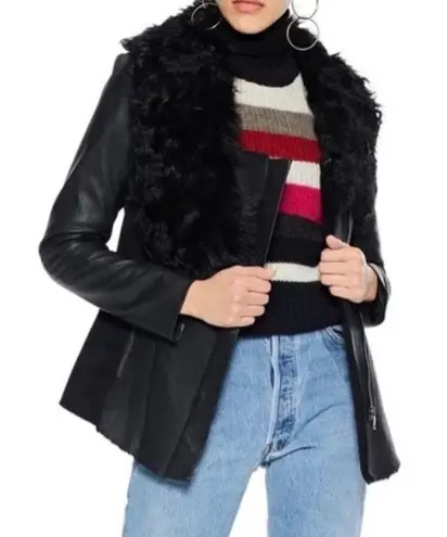Boutique Ashley B Leather Shearling Wool Zipper Cowl Moto Biker Coat Jacket Black S $1795