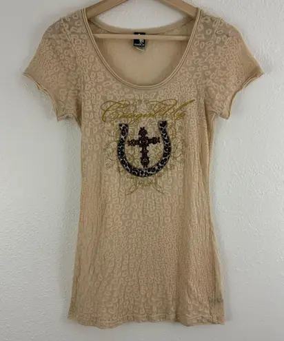 Cowgirl Up Vintage Y2K Beige Cheetah Semi Sheer Horseshoe Cross Graphic Tee