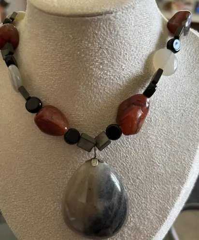 Artisan, Stone, Bead, Jasper 22 Inch Gray, Black And Red Bold Necklace, nature Gray