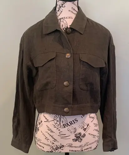 Linen Dark Army Olive Green Women's Size 6 Petite Small Cropped Short Jacket