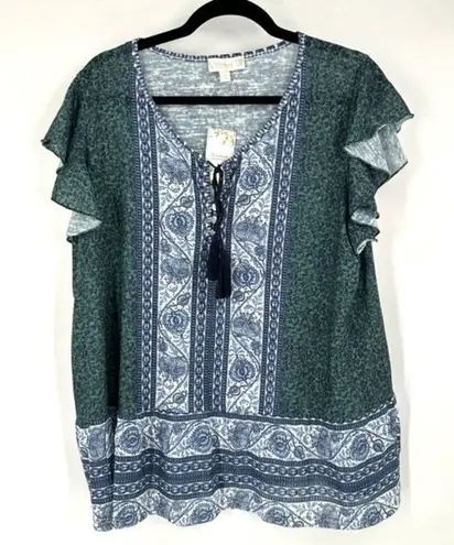 Suzanne Betro NWT Weekend Women's Floral Tassel Tie Blouse Blue Green Size XS