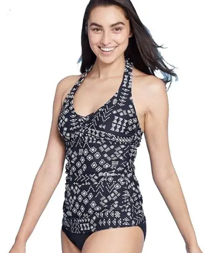 Kona Sol  Women's Halter Tankini Swim Top in Navy/White Geometric Print Size M