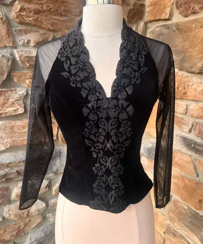 J.R.Nites J.R. Nites Elegant Black Beaded Floral Velvet Blouse J.R. Nites Elegant Black Beaded Floral Velvet Blouse