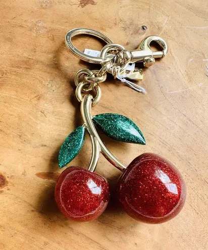 Coach NWT  Orginal CHERRIES RESIN BAG CHARM KEY FOB RING Cherry Keychain Gold/Red