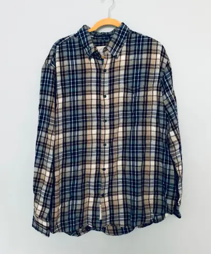 st. john's bay St John’s Bay Tan Blue White Plaid Button Down 