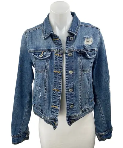 Mossimo Blue Button Down Long Sleeve Distressed Cropped Denim Jeans Jacket Sz XS