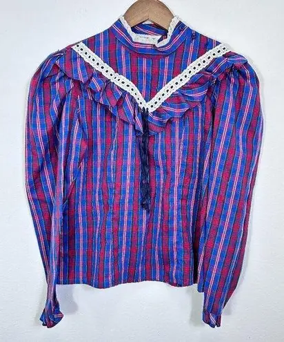 C.C. Additions Vintage Cottagecore Trad Wife Modest Ruffle Plaid Blouse Size M Blue Size M