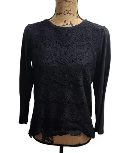 J. Crew Lace Top Long Sleeve Black Blouse Elegant Party Casual Size Medium