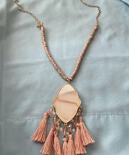 26” To 30” Necklace Statement Acrylic Pendant 4”H Pink Fabric Tassels Boho