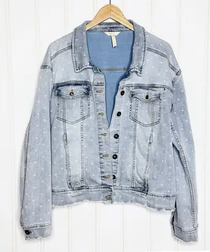 Matilda Jane Polka Dot Denim Jacket Distressed Frayed Hem Light Wash Womens XXL