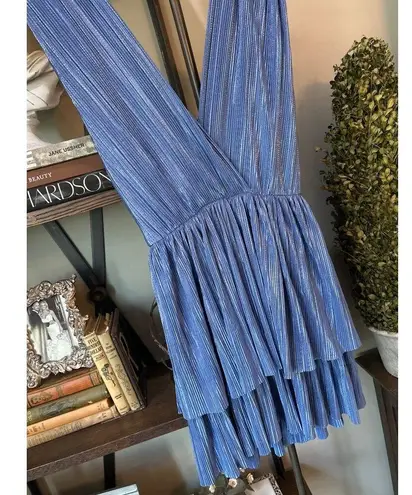 Sabina Musayev Alma Plisse Tiered Mini Dress Blue Womens Size Small