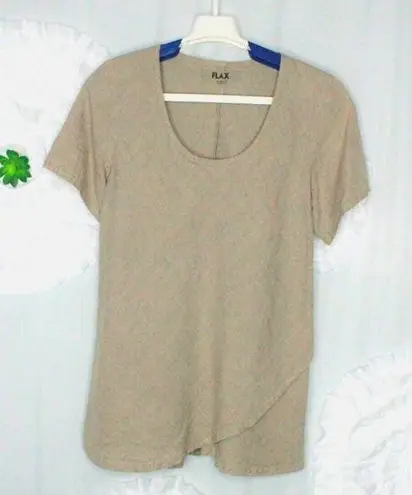 Flax Linen Top Blouse Women's Small Tan Overlap Tulip Hem Short Sleeve Lagenlook