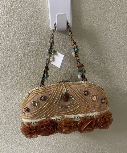 CEM NWT Beaded Evening Bag Purse Taupe Gold Floral Embellished Clutch UNIQUE Tan