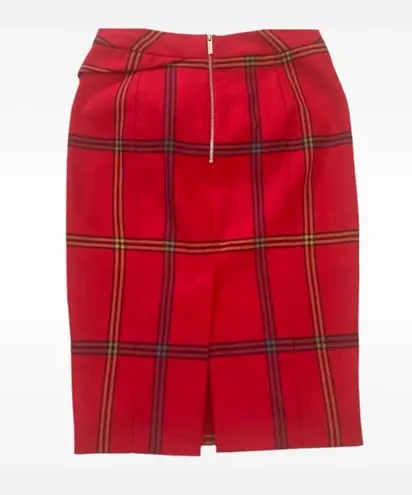 Karen Millen  Edgy Red High Waisted Tartan Plaid Ruffle Popover Pencil Skirt Sz.2