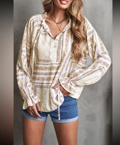 Beige V neck Lantern Sleeve Drawstring Tribal Print Blouse Blue