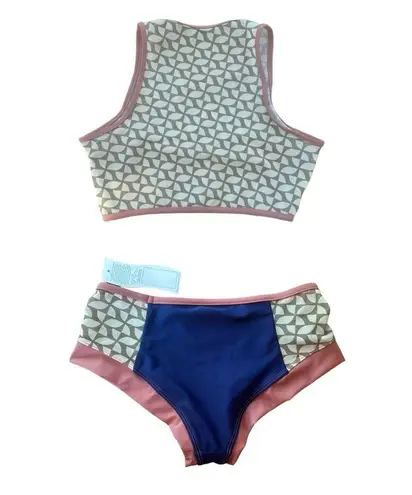 Free People Seea Maya Mesh Geo Colorblock Surf Bikini Set Bottom Sz Small Crop Tank Sz Med