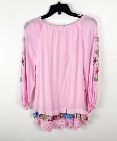 CALESSA Pink Embroidered Lace Hem Front Tassel Tie Long Sleeve Tunic Top Medium