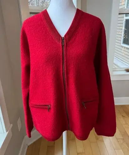 Vintage Casual Corner Red 100% Wool Zip Up Cardigan Sweater Jacket Size Medium