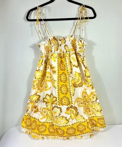 Farm Rio Aura Floral Ruffle Cotton Mini Dress Lightweight Summer Smocked Large