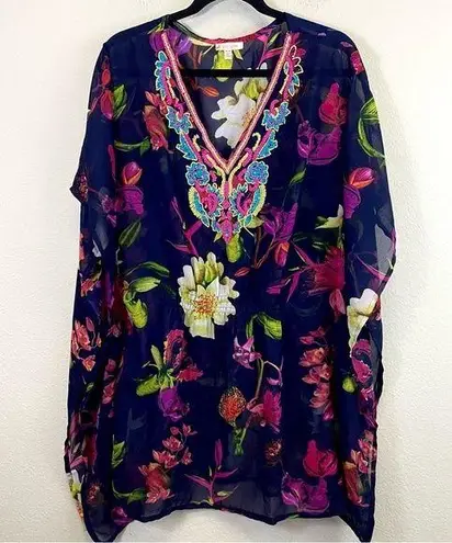 Rise & Bloom Embellished Neckline Floral Kimono Sleeves Swim Cover Up Navy M Size M