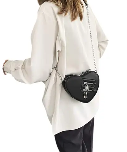 None Heart-Shaped Black Crossbody Silver Chain Goth Punk Bikercore Faux Leather Bag