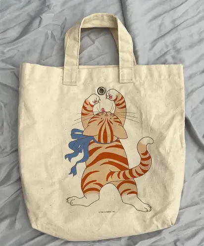 Vintage 80s Canvas Cat Yarn Tote Bag with Blue Ribbon Orange