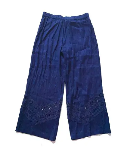 Susan Graver Linen Blend Ankle Pants Crochet Detail Navy Blue Size 12