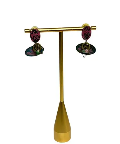 Vintage 1970s Earrings Teardrop Dangle Drop Pink Green Gold Boho Abstract Earrin
