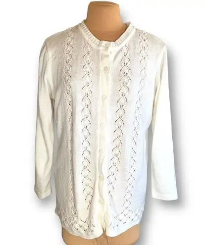 Vintage 90s Off White Knit Cardigan Sweater Crochet Diamond Pattern Long Sleeve Size L - Image 11