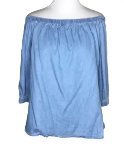 Girl Krazy Blue Off Shoulder Cotton Blend Chambray 3/4 Sleeve Top Small