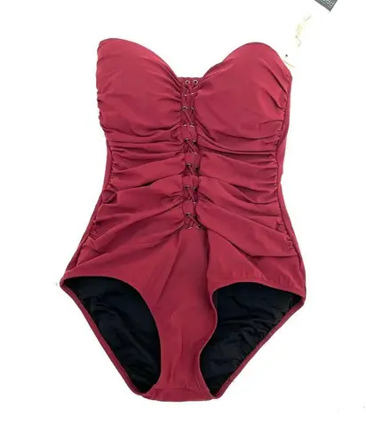 Profile  by Gottex Burgundy Solid Tummy Tuck One Piece Lace Up Swimsuit 8 NEW