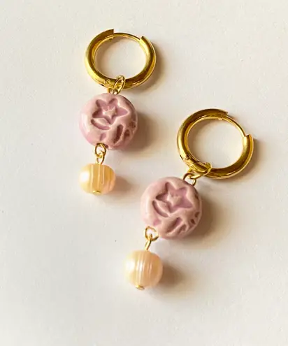 Handmade quality star coin ceramic beads & light pink freshwater pearls unique boho fairy whimsical dangle hoop earrings🌝⭐️