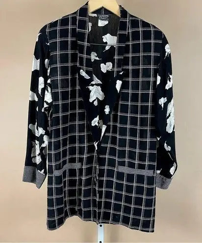 Vintage Carole Little 6 Petite 80's Floral Geometric Plaid Multi Print Blazer Black Size 6P