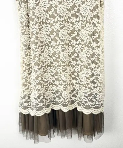 Ryu Brown Cream Crochet Tiered Lace Floral Sleeveless Lined Dress, Size Medium