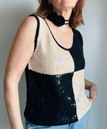 Vintage 90s Sequin Sweater Vest Black White Embellished size Medium Knit