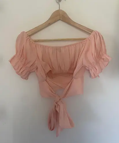 Edite Mode elegant off the shoulder salmon tie-up ruffle crop top