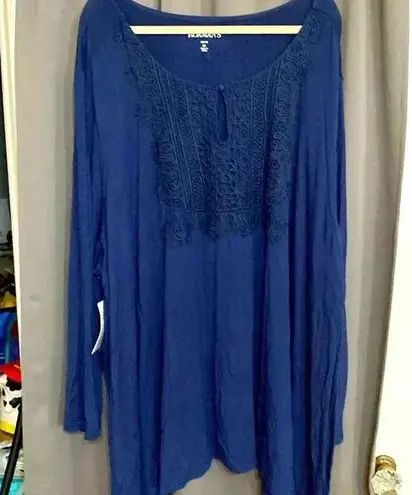 ROMANS WO SIZE 5X(38/40) NAVY TUNIC TOP WITH CROCHET ACCENT ON FRONT SOFT Blue