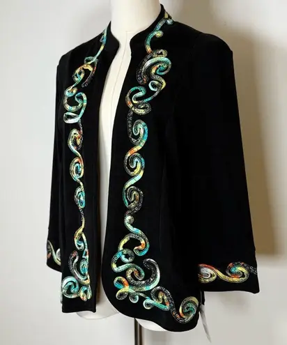 NWT Picadilly Fashions Open Cardigan 3/4 Sleeve Multicolor Appliqué Petite Small Black Size undefined