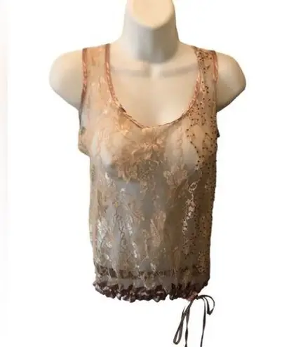 Daytrip The Buckle  Floral Sheer Lace Tank M Champagne Hem Cinch Tied Beaded