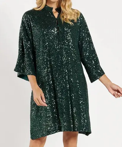 Jude Connally Delia Sequins Dress Palace Green Bell Sleeves Shift Size Small New