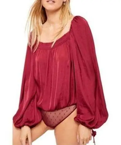 Free People  Red Burgendy Wine Flowy Boho Silky Long Sleeve Boho Bodysuit Sz L